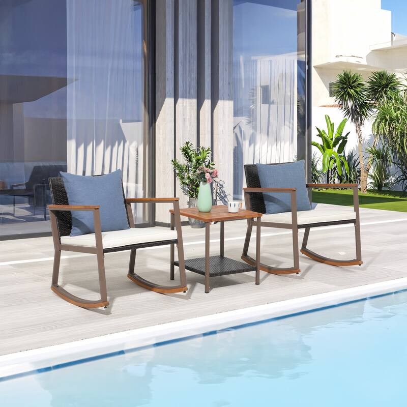 3 Pieces Outdoor Rocker Chair Conversation Set with Coffee Table & Cushions for Balcony Porch Poolside - Mix Brown