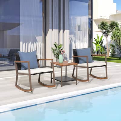 3 Pieces Outdoor Rocker Chair Conversation Set with Coffee Table & Cushions for Balcony Porch Poolside
