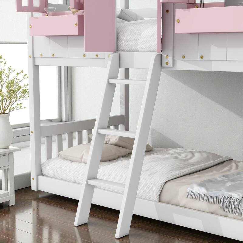 Twin Over Twin Wooden House Bunk Bed with Roof, Windows, Door, and Ladder, Kids Playhouse Bed with Guardrails