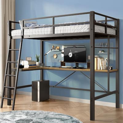 Industrial Twin Loft Bed Frame with Desk, Ladder, Charging Station & Safety Guardrails - No Box Spring Needed