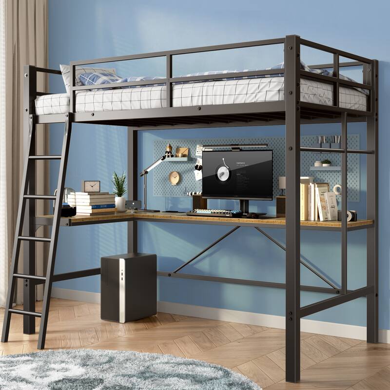 Industrial Twin Loft Bed with Desk and Charging Station - Metal Frame with Guardrails and Ladder - Black - Twin