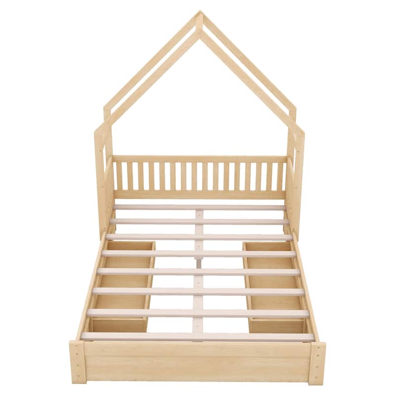 House Platform Bed with Guardrail and 2 Drawers