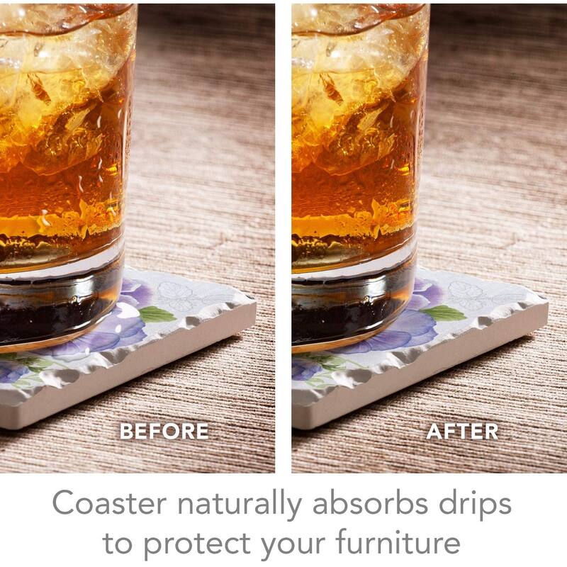 Absorbent Stone Beverage Coasters - Set of 4 - Purple Pansies - Multi-148