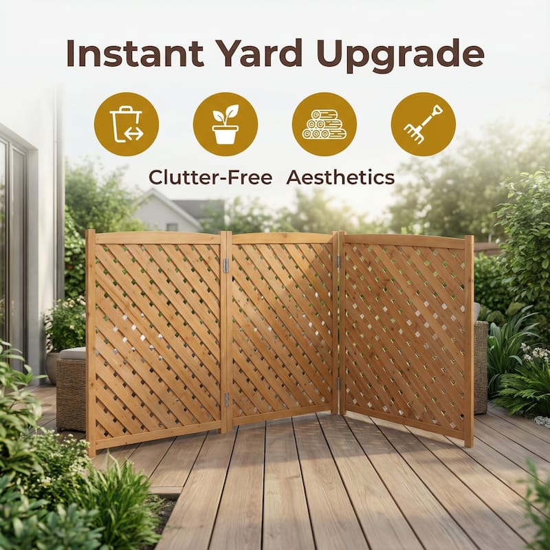Anmytek Foldable Wooden Lattice Privacy Screen, 3 Panel Solid Natural Wood with Light Brown Finish, Diamond Design for Airflow