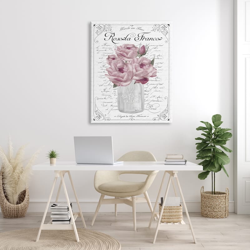 Stupell Pink Roses Bouquet French Words Fancy Script Background Canvas ...