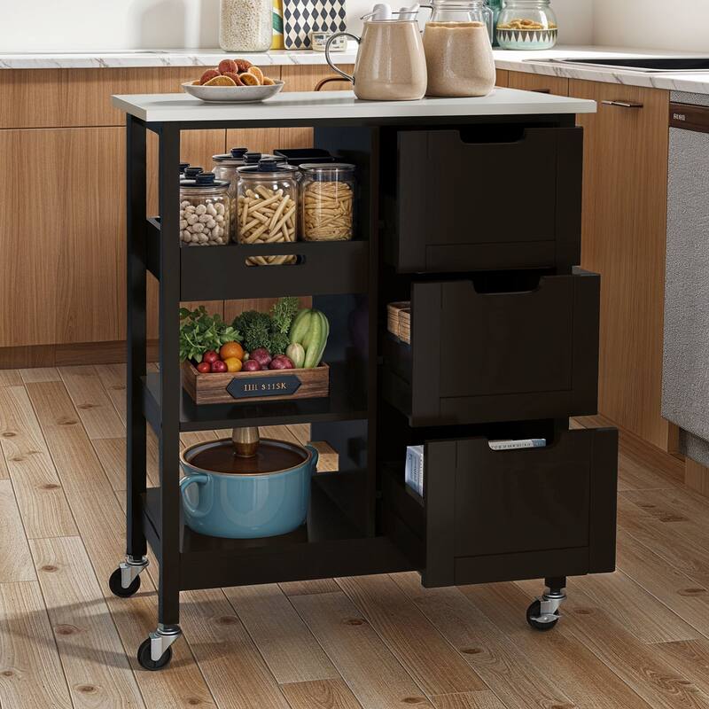 Moasis Rolling Kitchen Bar Trolley Serving Cart with 3 Drawers and Wheels