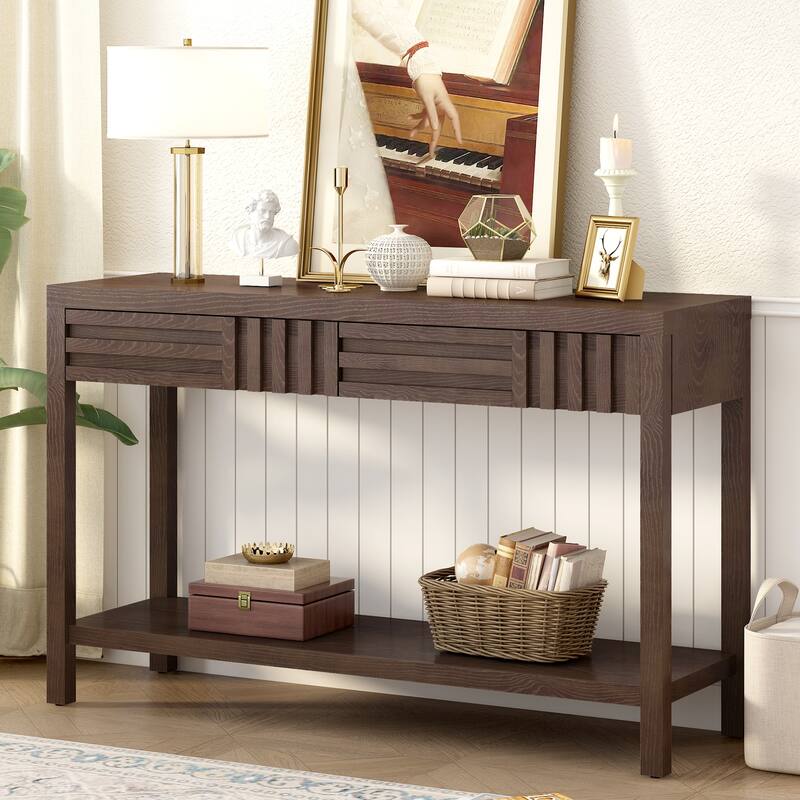 Modern Classic Striped Console Table with 2 Drawers and Open Shelf, for Living Room, Hallway Entryway, Study Room, Brown