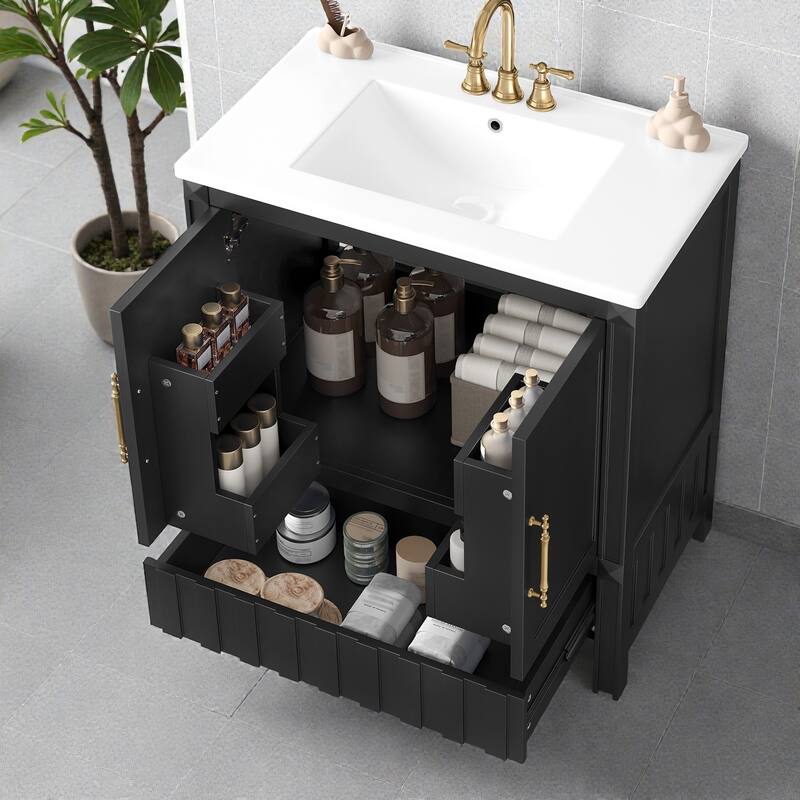 30" Bathroom Vanity with Sink, Solid Wood & MDF Cabinet with Doors, Drawer and Open Storage Shelves