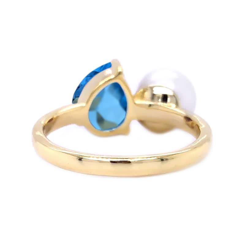 18K Yellow Gold Over Sterling Silver Swiss Blue Topaz, Fresh Water Pearl Infinity Ring