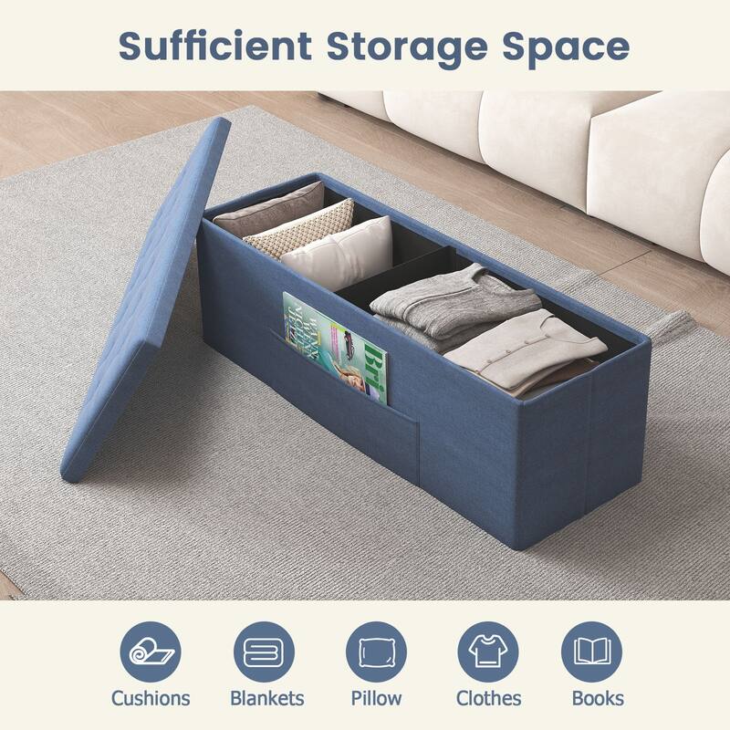 Large 38 Gallon Linen Fabric Storage Ottoman Bench Folding Multipurpose Footrest and Seat with Foam Cushion - 43" × 15" × 15"