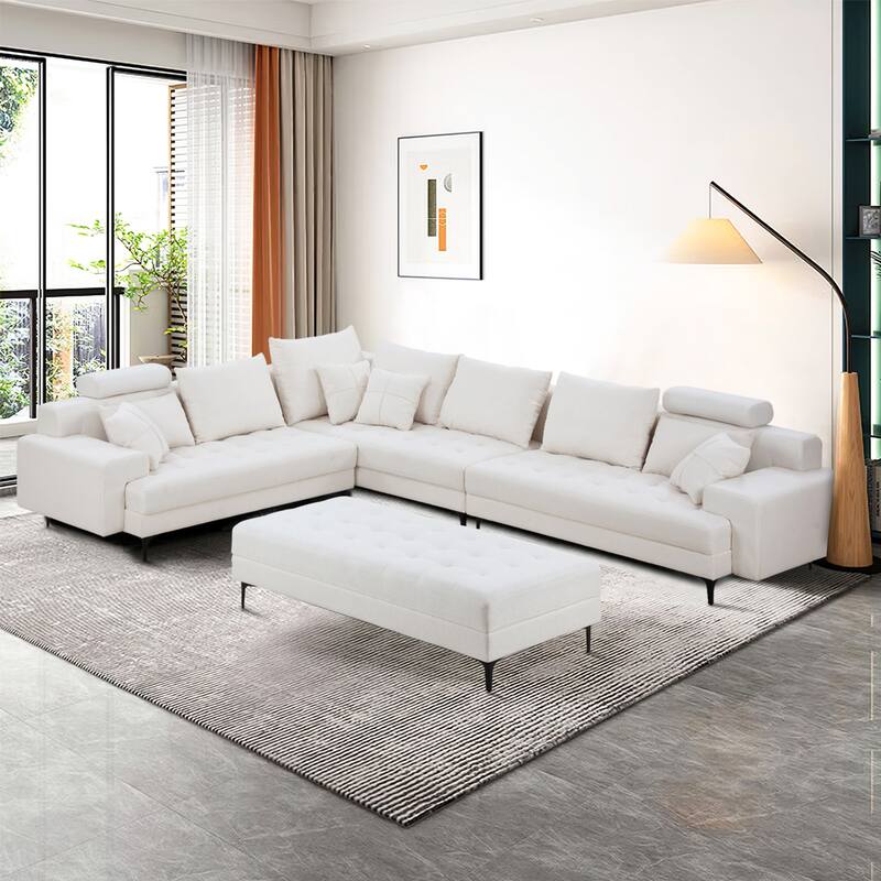 L Shaped Large Upholstered Fabric Couch Sectional Sleeper Sofa with Ottoman - White - Left Facing