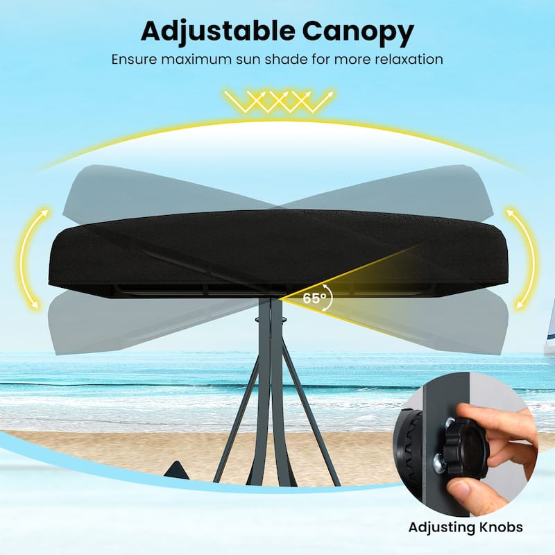 3-Person Porch Swing with Stand Outdoor Canopy Swing with Rattan Seat Back-Black - Multi