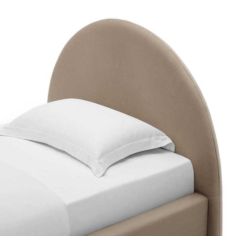 Palmetto Modern Round Headboard Taupe Velvet Upholstered Twin Size Platform Bed