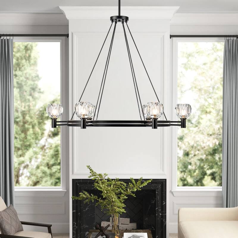 Black Farmhouse Modern Rustic Wagon Wheel Crystal Chandelier - 35.83 in. W x 27.17 in. H x 35.83 in. D