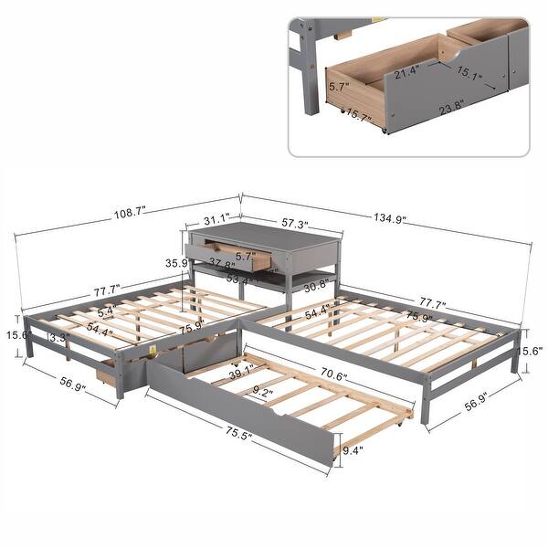 dimension image slide 1 of 3, Full Size L-shaped Platform Beds with Drawers Linked with Built-in Rectangle Table and Twin Size Trundle.