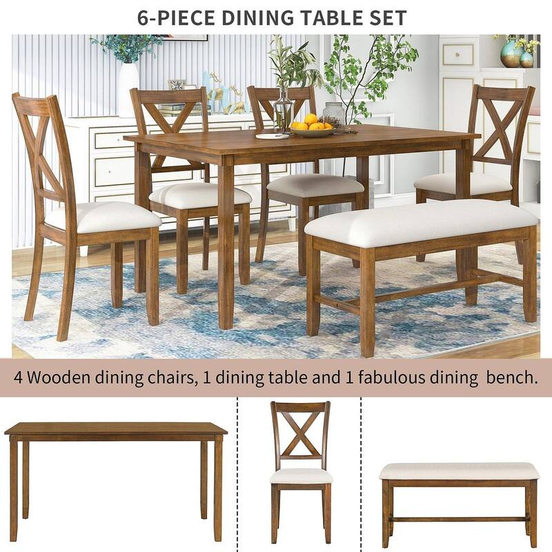 60'' Rectangular Dining Table with 4 Upholstered Chairs and Bench
