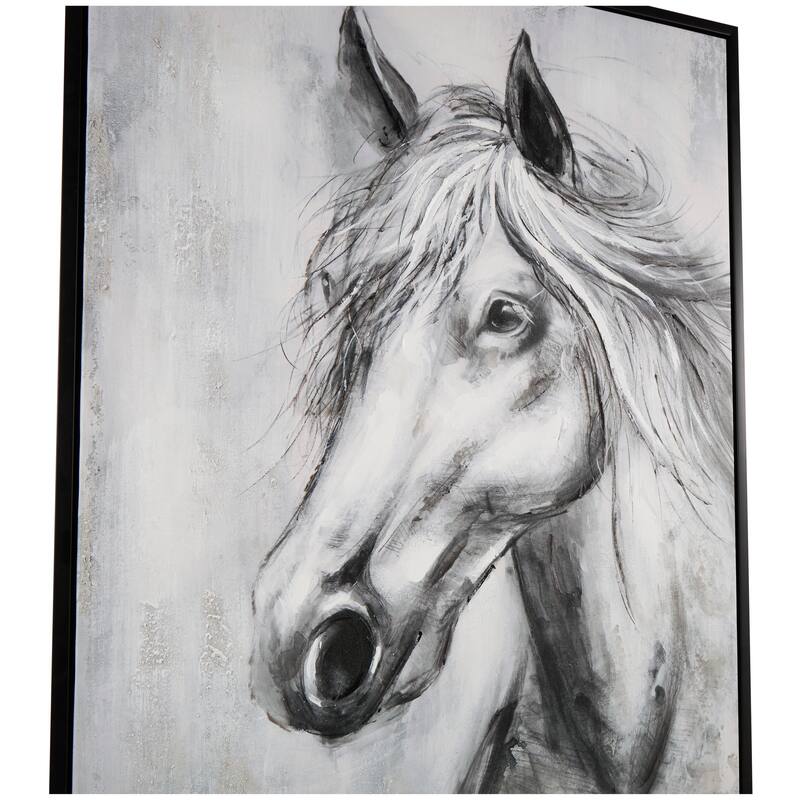 Black Canvas Hand Drawn Inspired Shaded Horse Framed Wall Art with White Background