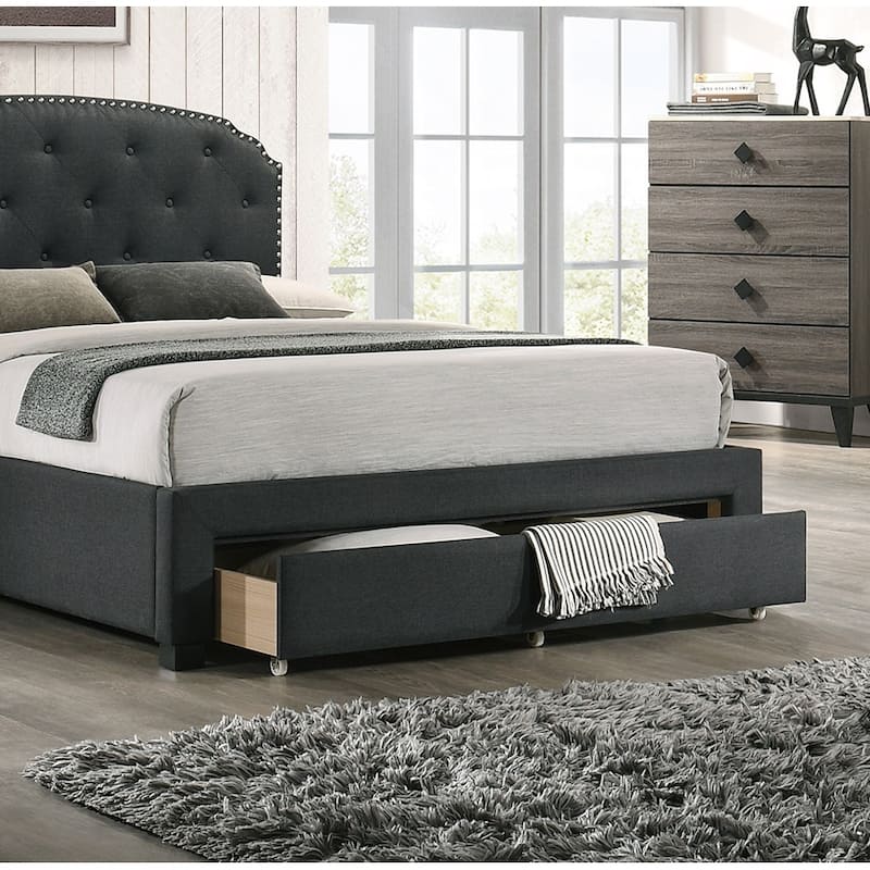 Charcoal Burlap Fabric 1pc Twin Size Bed w Drawer Button Tufted Headboard Storage Bedframe Bedroom Furniture