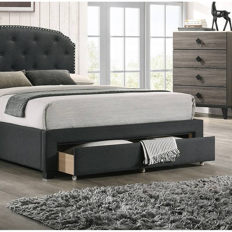 Charcoal Burlap Fabric Twin Size Bed with Drawer and Button Tufted Headboard