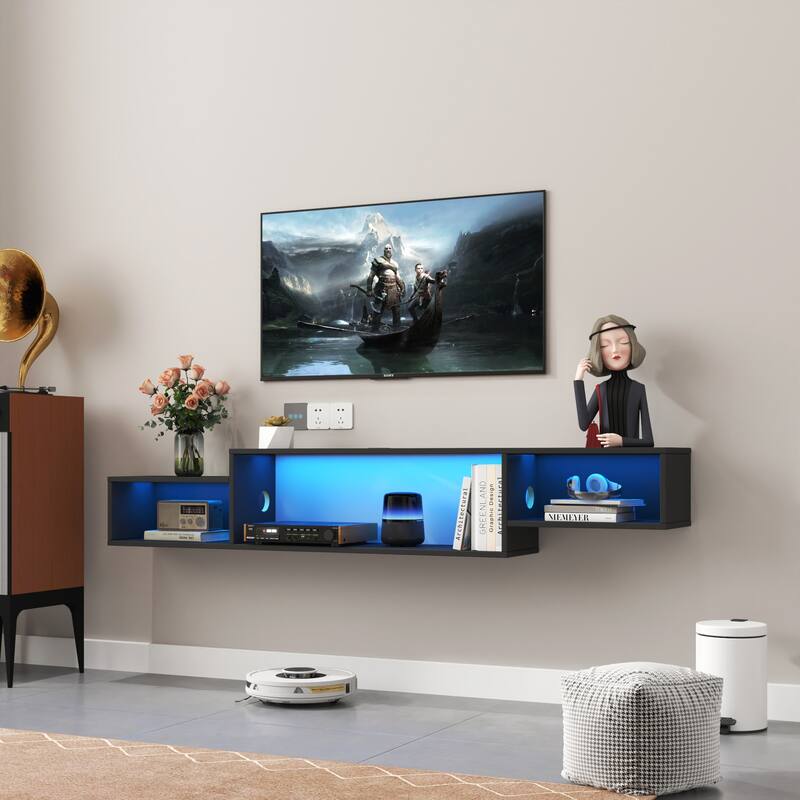 65.35" LED Wall Mounted Floating TV Stand with Charging Station