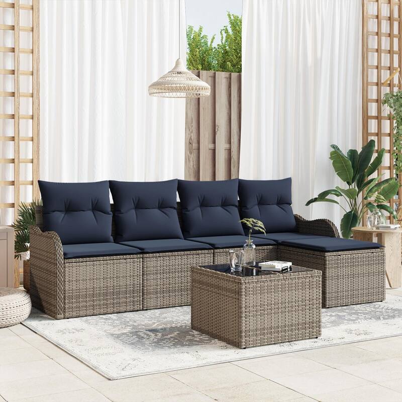 vidaXL 5/6 Garden Sofa Set with Cushions Black/Brown/Grey Poly Rattan - 90.9 x 24.4 x 27.2 - Grey with table