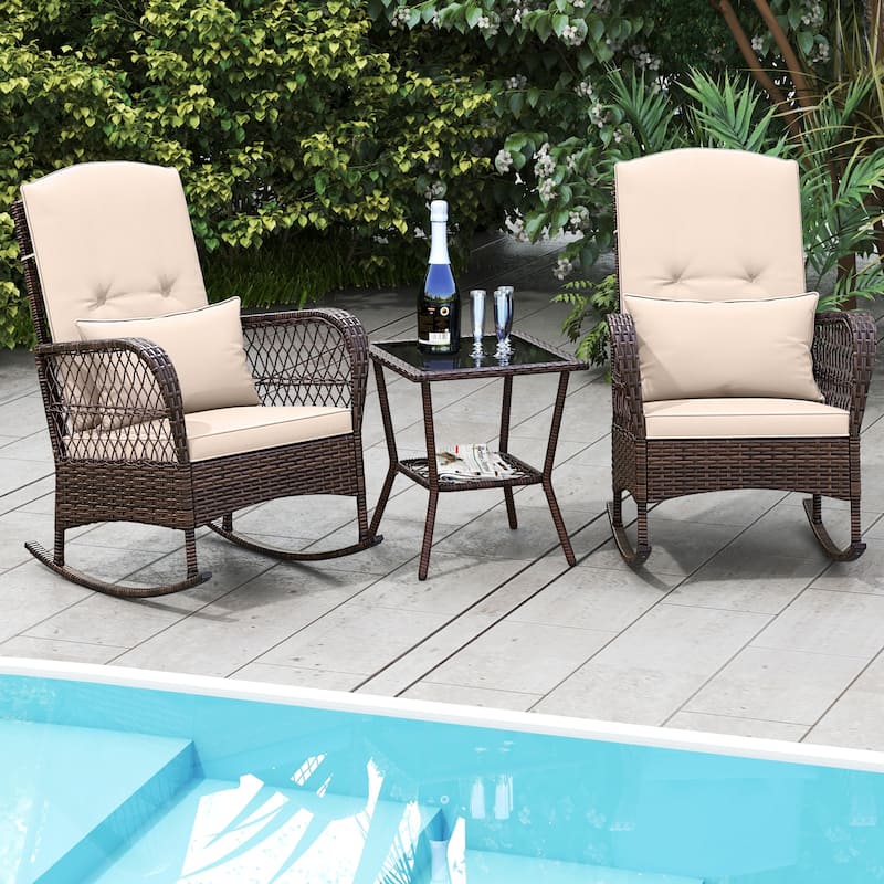 Gymax 3 Pieces Rocking Bistro Set PE Rattan Rocking Chairs w/ 2-Tier - Brown