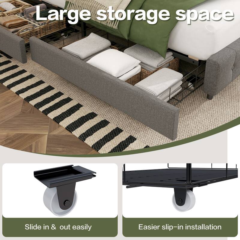 Linen Upholstered Headboard Bed Frame with Large Hidden Storage, 4 Underbed Drawers with Pulleys