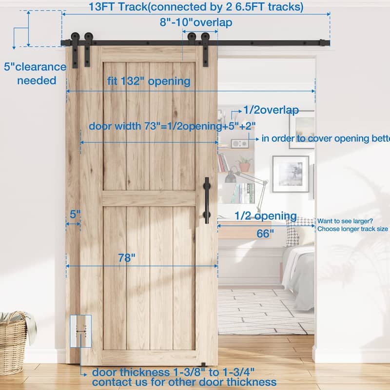 WINSOON 4-18FT Single Track Bypass Sliding Barn Door Hardware Kit for Double Doors J Style Rollers - 13FT