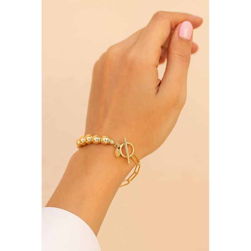 Half Bead & Half Paperclip Chain Toggle Bracelet - Gold