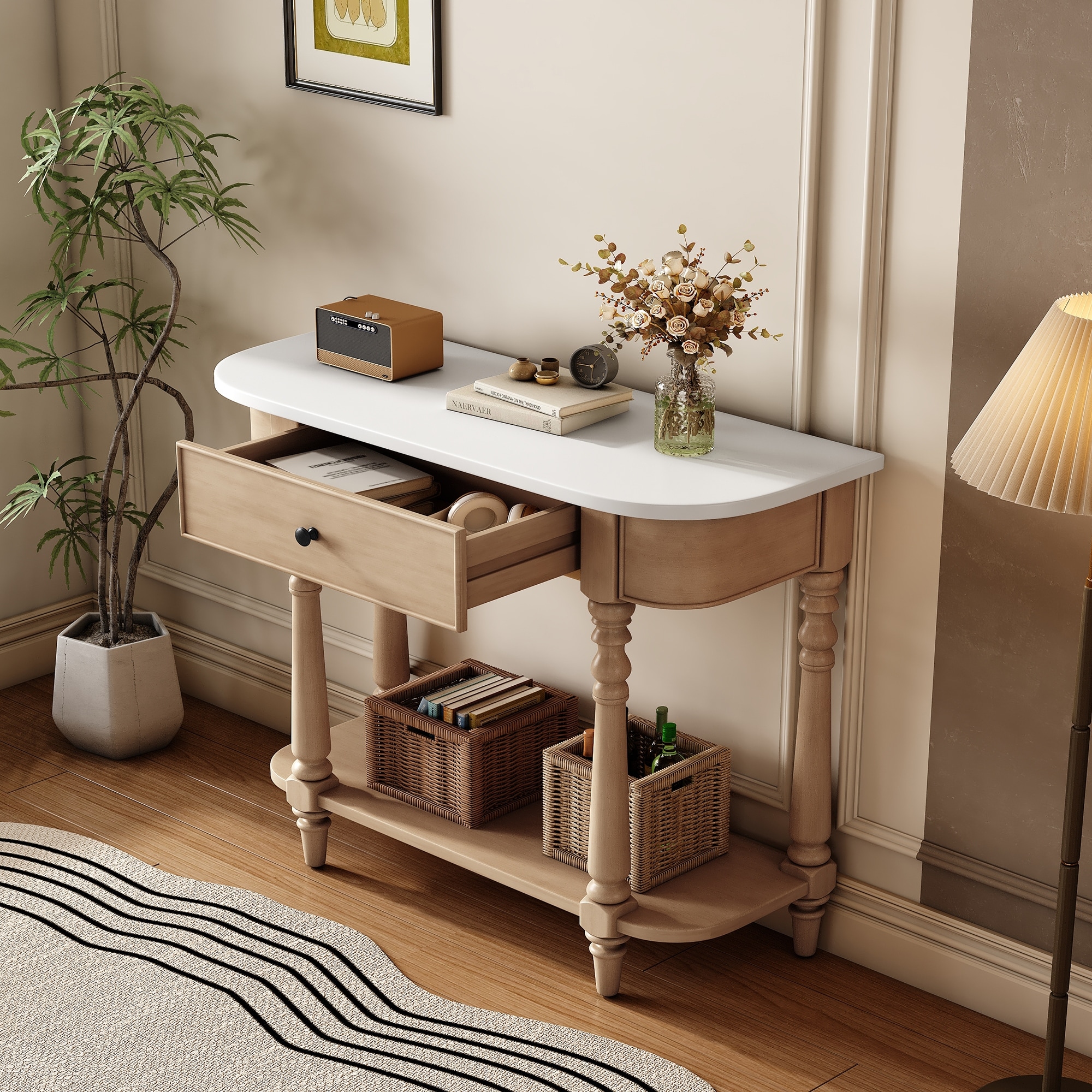 Narrow Retro Console Table with Drawer & Shelf