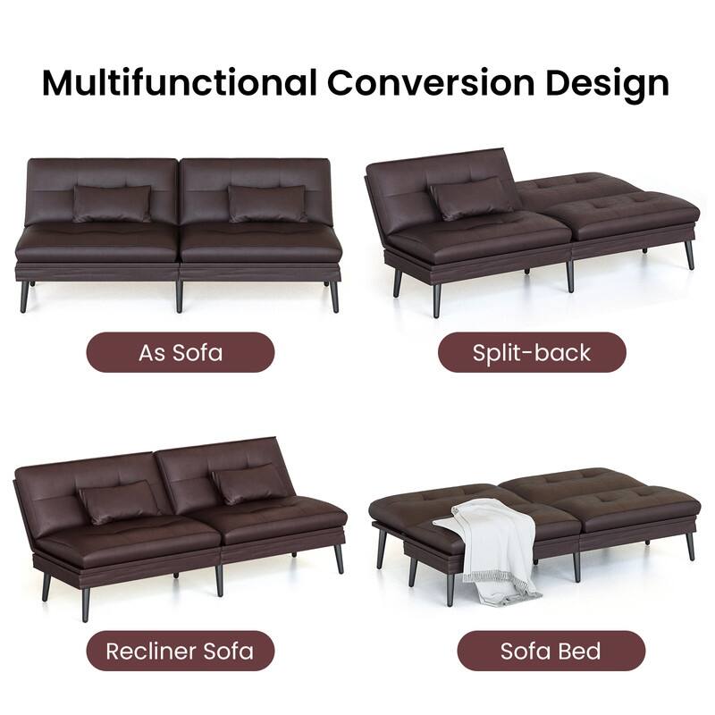 Grondin Convertible Futon Sofa Bed, 5-Angle Adjustable Backrest Sleeper Couch with 2 Pillows, Modern Style Recliner Lounge
