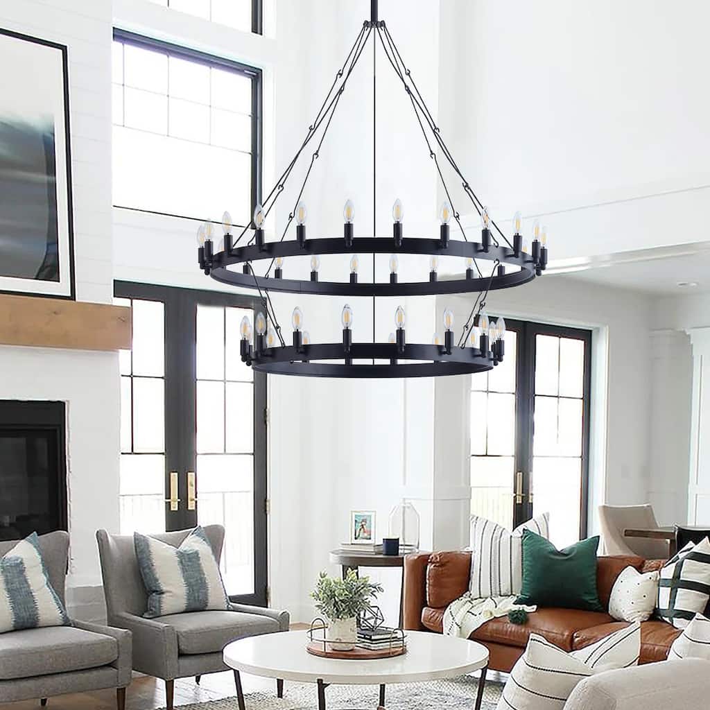 Industrial 2-Tier Candle Style Black 40-Light Wagon Wheel Chandelier