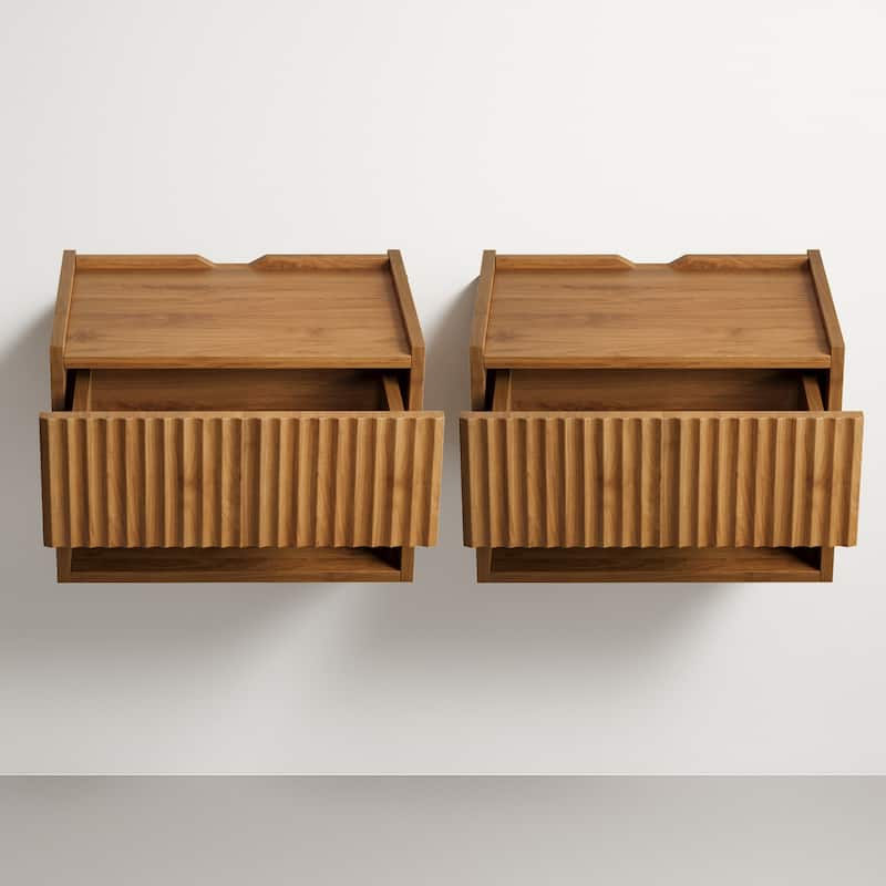 Modern Wall-Mounted Floating Nightstands with Drawer and Open Shelf (Set of 2) - Walnut