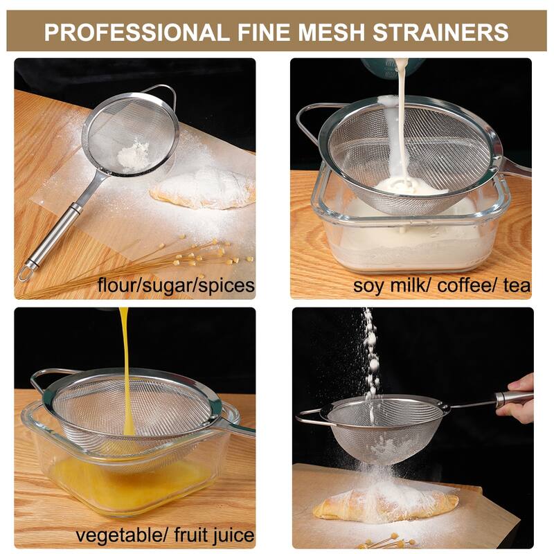 Stainless Steel Fine Mesh Strainer Colander Flour Sifters with Handle - Silver Tone