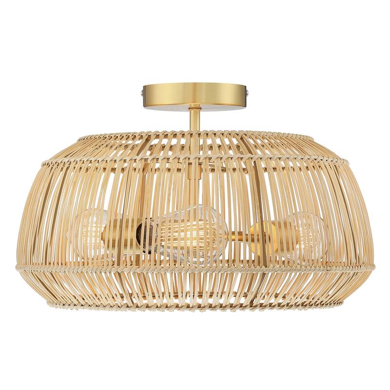 2-Light Bohemian Rattan Semi-Flush Mount Ceiling Light - Brass