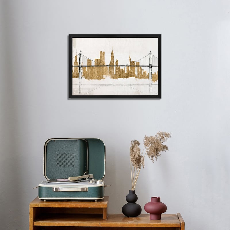 Bridge and Skyline Gold Premium Framed Poster by Avery Tillmon