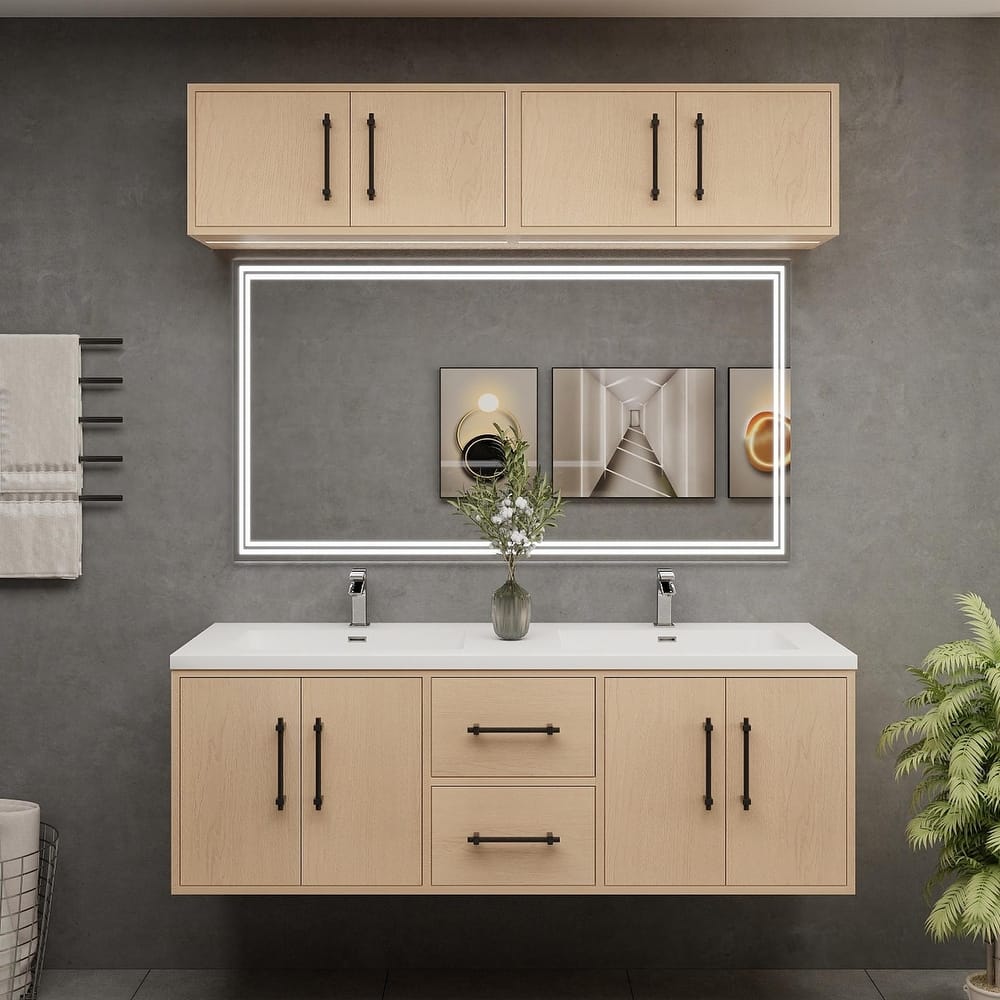 Victoria 60'' Wall-Mounted Double Sink Vanity Set with LED light Top Cabinet