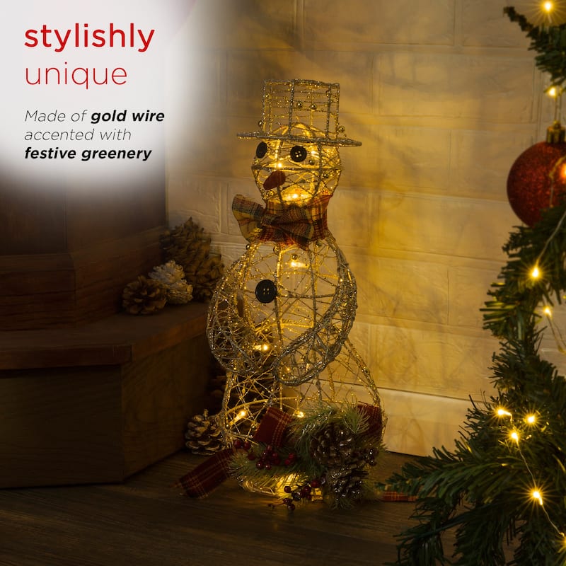 Alpine Corporation Gold Wire Holiday Décor Snowman with Warm White LED Lights
