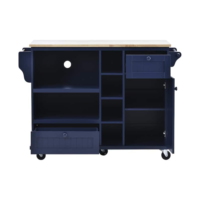 Rubberwood Kitchen Cart with Microwave Storage Rack, Exterior Shelves, and Two Drawers