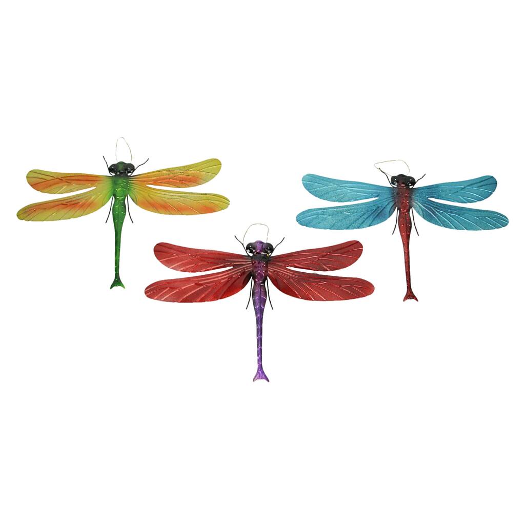 17.5 Inch Long Metal Dragonfly Wall Sculptures (Set Of 3)