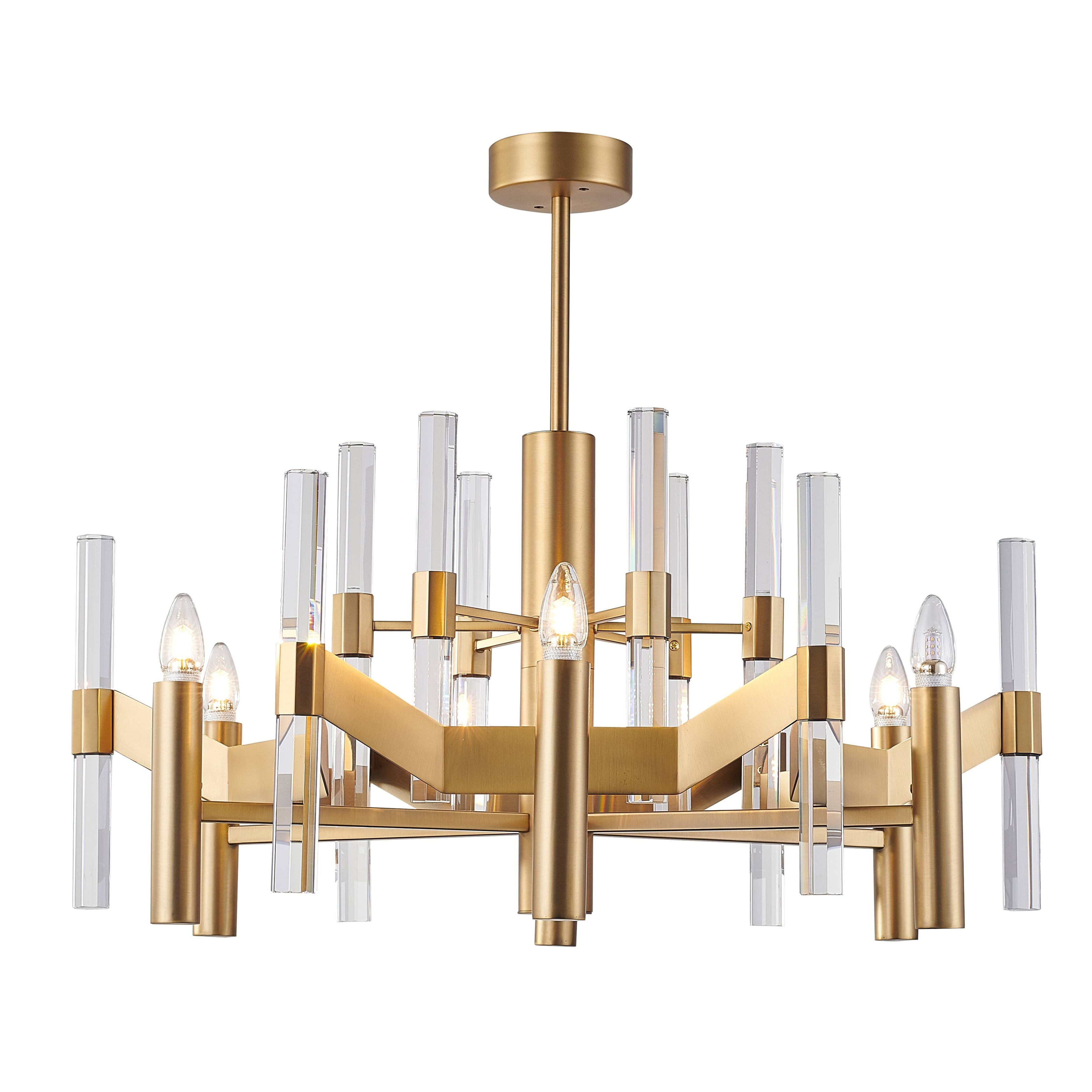 Traditional 6 Light Antique Brass Metal Ceiling Fixture With Clear Crystal Rods