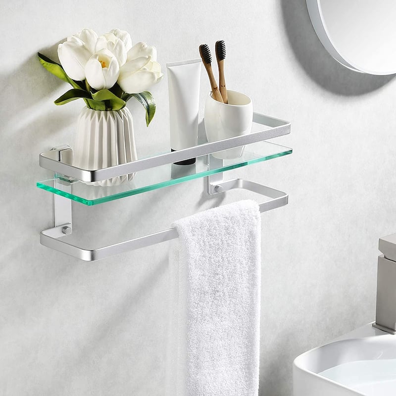 Wall Mount Glass Floating Shelf With Towel Bar - Silver