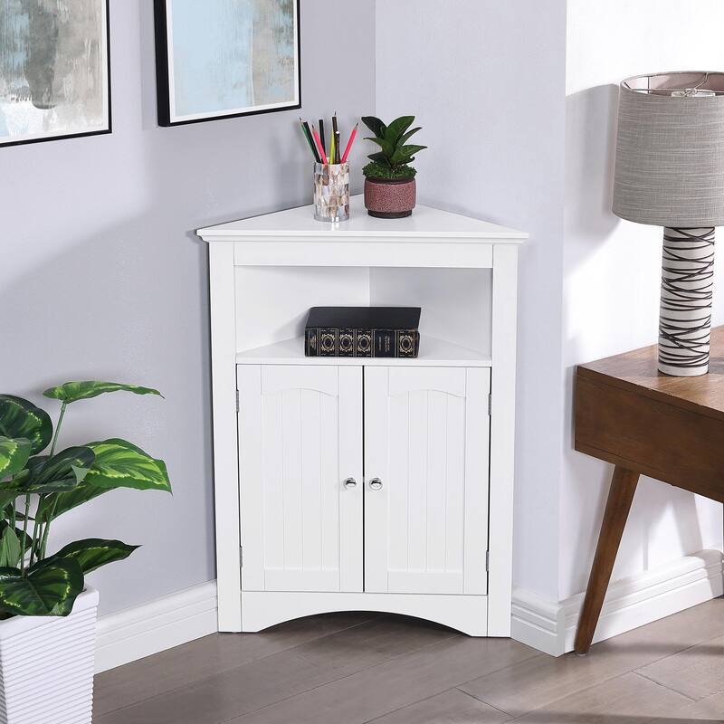 Free-Standing Corner Storage: Perfect for Bathroom, Kitchen, and Living Room. Features Doors, Shelves