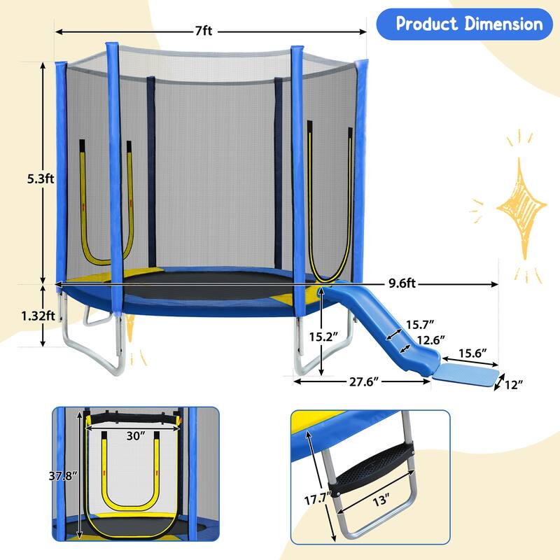 7FT Trampoline with Safety Enclosure Net, Slide and Ladder, Easy Assembly ,Regular Hexagon Outdoor Recreational Trampoline
