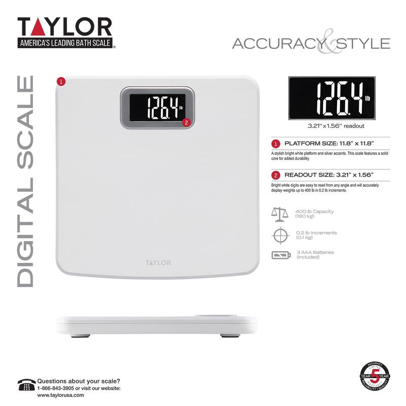 Taylor Digital Scale for Body Weight, High 400 LB Capacity, White