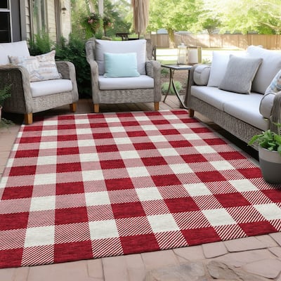 Machine Washable Indoor/ Outdoor Chantille Plaid Rug