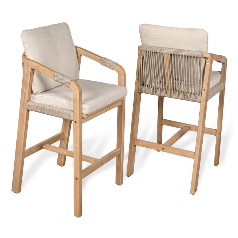 Outdoor Bar Stool with Cushions & Armrests, (Set of 2) by JONATHAN Y - Beige / Light Teak