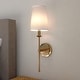 preview thumbnail 1 of 11, Camden 1 Light Wall Sconce Fixture White Linen Fabric Shade, LED Compatible Natural Brass - 6-in W x 20.5-in H x 7.5-in D
