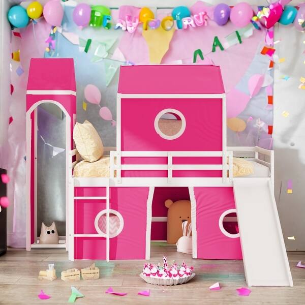 slide 2 of 29, Playhouse Twin Size Loft Bed with Slide Pink Tent and Tower for Kids