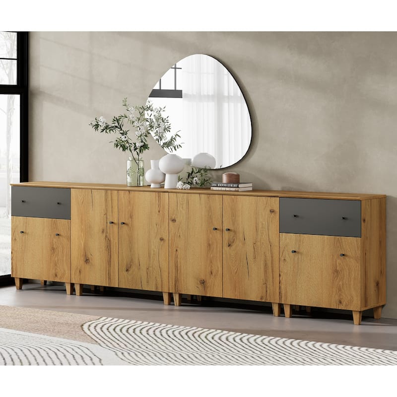 Wood Dresser with 2 Drawers and 4 Cabinets for Bedroom, 118" Wide - Oak Brown